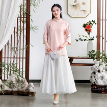 Wange summer new small fresh pink short Chinese retro national style Zen suit plate buckle top S8135