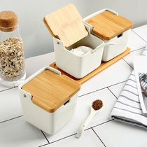 Day Style Creative Ceramic Seasoning Jars Kitchen Salt Sugar MSG Bamboo Cover Seasoning Box Home Composition Suit Nordic Cutlery