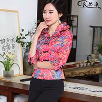 Spring and autumn fashion improvement set summer mid-style retro large size daily womens ethnic style Tang short sleeve seven-point sleeve