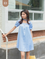 Seven Volume One cut dress 2021 new summer little man Blue French square collar short dress skirt 340