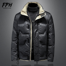 European station Winter new light and warm upright collar down jacket Tide Cards Letters Printed Upscale White Duck Suede Jacket Man