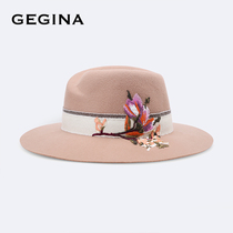 Gigina GEGINA womens autumn and winter camel wool hat wide eaves embroidered fashion versatile Hat Mall same model