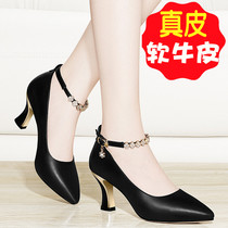 2021 new single shoes womens leather high heels thin heel spring Cowhide sandals thick heel Korean version of womens shoes