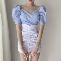 Korean retro dress dress women summer bubble sleeve V-neck short sleeve top pleated high waist skirt two-piece fashion