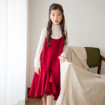 2021 Spring and Autumn Girls Set New Korean version of childrens middle children long sleeve T-shirt lace suspender skirt two-piece set