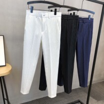 Tide brand hanging summer white striped trousers mens Korean version of slim feet nine suit pants handsome casual pants