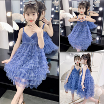 Childrens blue plaid dress Medium and large child flower skirt Sundress Summer foreign style small fresh fairy cake dress
