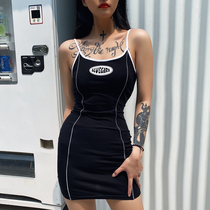 ROCKMORE-based contrast reflective strip to wear trendy sports style suspender skirt hip slim dress summer