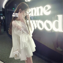 2021 summer new super fairy princess style Foreign style short sleeve small shirt female mesh loose belly belly belted shoulder chiffon top