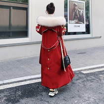 Red Parker cotton-padded womens long 2021 new winter Korean version of loose knee down jacket cotton coat