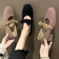 Net red wool shoes women winter outside wear 2021 New Korean version of medium high heels Joker heels single shoes mink fur lading shoes