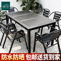 Outdoor Table And Chairs Patio Plastic Wood With Umbrella Combined Outdoor Garden Villa Open Air Casual Milk Tea Shop Embalming Wood Table And Chairs