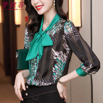 Temperament shirt womens 2021 spring new long-sleeved top Western style bow lace-up printed shirt womens retro trend