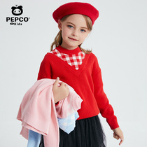 Little pig Banna childrens clothing girl sweater pullover knitwear middle child 2021 new foreign style fake two coat cotton