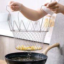 304 stainless steel folding telescopic fried basket household filter screen drain oil mesh basket multifunctional chef basket