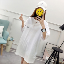 Spring and summer fat MM large size dress belly simple casual age long cotton T-shirt skirt short sleeve skirt