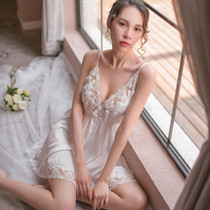 Mood Sexy Lace Harness Sleeping Dress Ice Silk Transparent Dew Back Spice Pajamas Seductive Female Summer Adult Lingerie Suit