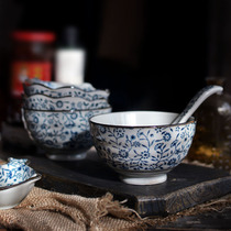 Japanese hand-painted blue and white ceramic bowl rice bowl rice bowl small soup bowl sauce dish spoon soup spoon tableware set