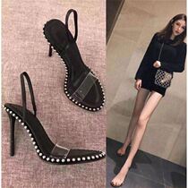 European heels womens beaded rhinestone sandals 2019 summer stiletto fish mouth through word buckle sexy shoes