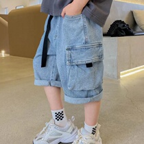 Boys denim shorts 2021 new foreign style childrens pants Capri pants loose Zhongda childrens summer overalls