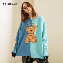 ZBJ bear original stitching sweater oversize2019 autumn new national tide color color round neck pullover sweater