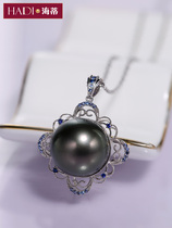 (Original design) Heidi jewelry Blue 12-13mm Tahiti black pearl pendant 14K gold sapphire