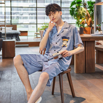 Summer ice silk pajamas short-sleeved shorts mens cartoon casual cardigan thin silk can be worn outfitted home suit