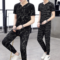 Ice silk sports suit mens summer thin trend handsome summer mens soil Tide brand clothes casual camouflage two-piece set
