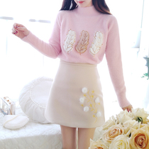 Winter imitation mink fur pullover sweater set womens heavy industry embroidered sequin thickened knitwear skirt two-piece suit