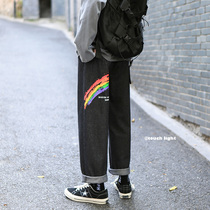 Net red black jeans mens spring and autumn straight loose Tide brand rainbow ankle-length pants Korean version of the trend Joker pants