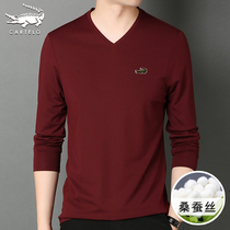Crocodile silk mens solid color V-neck long-sleeve T-shirt in the spring and autumn mens middle-aged ice silk sweetheart neckline base shirt jacket