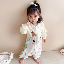 Childrens sleeping bag autumn and winter thickened jumpsuit pajamas anti-kicking cartoon embroidered cotton male and female child princess style