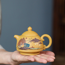 Yixing famous master factory old artist Liu hand-made section mud bucket hat mud painting landscape purple sand pot kung fu tea set