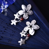 Babao Silversmith S990 foot silver retro Korean original national style stars Joker pomegranate red ladies earrings