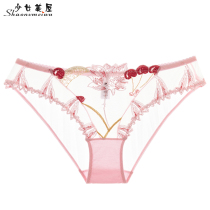 (2nd half price) Sexy mesh lace embroidered low waist briefs see-through temptation women's underwear pink