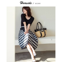 HARSIDE 2020 Summer new casual temperament A- line dress black and white plaid creative elastic belt skirt women