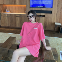 Long T-shirt female Autumn New Port wind loose Korean letter printing clothes missing short sleeve Rose Red ins tide