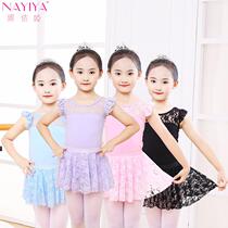 Childrens dance practice uniform split Suit Test black princess dress girl lace stitching skirt Hollow