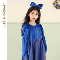 LittleNaive little naive autumn dress girl gauze dress velvet long sleeve children princess skirt