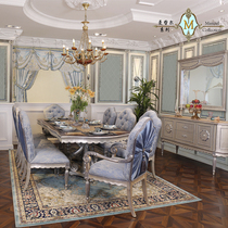 Luxurious French style palace windy full solid wood hand engraving with pure silver ice and snow blue villa with big long dining table and chairs