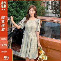 (Summer clearance) (spot second hair)Su Ben floral dress Female summer round neck bubble sleeve skirt