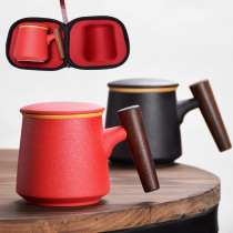 Wood Handle Mark Cup With Lid Filter Ceramic Cups Creative Personality Trendy Lovers Water Glass Home Drink Water Bubble Tea Cup