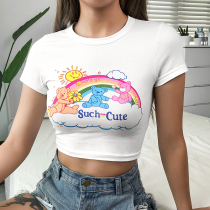 H home cute cartoon bear round neck short sleeve T-shirt female slim short style navel student Joker top casual white