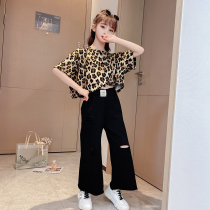 Korean girl set 2021 fried street childrens clothing womens summer short leopard print T-shirt ripped wide-leg pants two-piece set trend