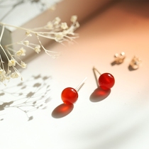 Red agate silver ear studs 999 sterling silver earrings earrings Simple female ear rod small ear Hanfu accessories