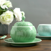 Green Porcelain Stew for home hotel Chinese style lotus small soup pot ceramic with cover soup for sea cucumbers Cutlery