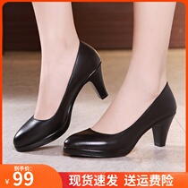 Leather model cheongsam catwalk shoes in the heel size 40-43 size single shoes waterproof table professional work shoes women