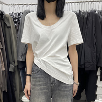 women's low collar pure white t-shirt new summer white pure color simple Korean style slim big round neck short sleeve t-shirt top