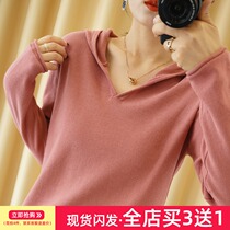 Early spring new long sleeve hooded pullover knit sweater womens cotton short top loose slim Joker sweater hoodie