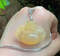 Yang Yujia natural yellow dragon jade ice water yellow old material big belly Maitreya smile Buddha silver clavicle pendant certificate New